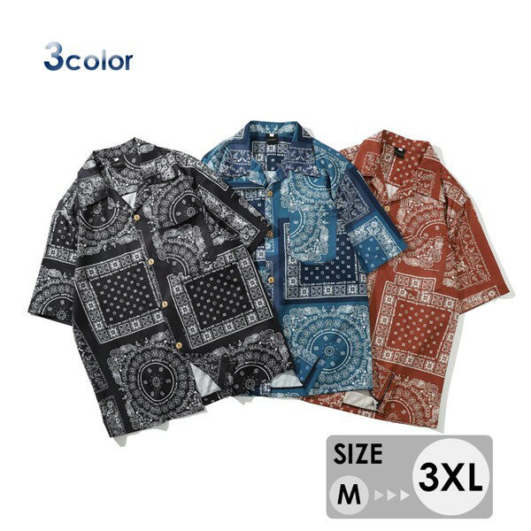 アロハシャツ メンズ 半袖 シャツ 開襟 オープンカラー ハワイアンシャツ バンダナ柄 ヴィンテージ風 カジュアル ストリート リゾート 夏服 大きいサイズ M...
