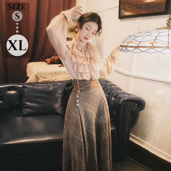 ロリータ フリル ブラウス スカート ロング丈　Aライン ワンピース 大きいサイズ クラロリ ゴスロリ 中世ヨーロッパ ワンピース ゴシック様式 袖付き Lolita リボン クリスマス レディース コスチューム 衣装 学園祭 文化祭 デート 茶話会 お姫様 dn036m3m3m3