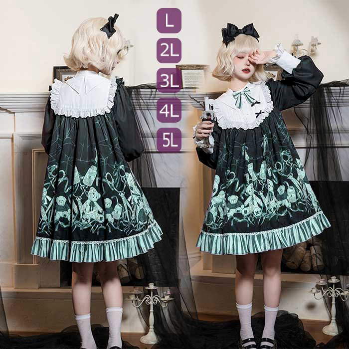 ロリータ ワンピース 大きいサイズ 可愛い お姫様 Lolita ロリータ服　ロリータ リボン 可愛い ゆったり ベルト付き アイドル衣装 コスチューム コスプレ衣装 文化祭 学園祭 かわいい 萌え クマ柄 Aライン イベント ロリータファション ブラック L 2L 3L 4L 5L dn081m3