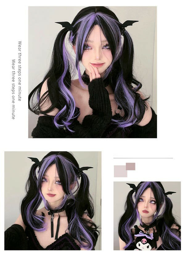 ウィッグ ロリータ 原宿風 ツートンカラー ロング ミディアム 巻き毛 ぱっつん前髪 レディース ゆめかわ コスプレウィッグ 可愛い 耐熱ウィッグ コスチューム 仮装 大人 自然 ナチュラル イベント 文化祭 普段使い ハロウィン パープル dp023m3m3m3