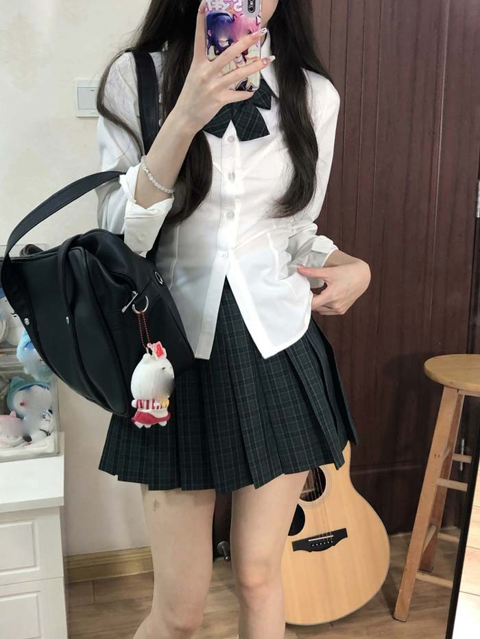 制服 スカート チェック柄 リボン 3点セット 女子 入学式 卒業式 学生服 シャツ スリムシャツ レディース 長袖 半袖 グリーン 緑 プリーツスカート 高校生 女子高生 受験 結婚式 発表会 通学 JK 可愛い コスプレ コスチューム 仮装 イベント 学園祭 la008m3m3m3
