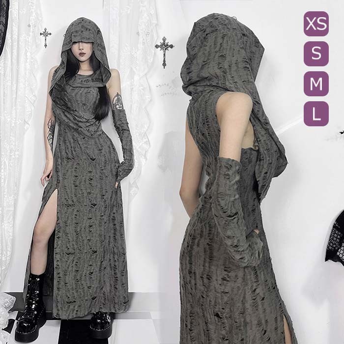 ハロウィン ワンピース レディース フード付き スリット有り コスプレ衣装 ゴスロリ 魔法使い ゴシック コスチューム オールシーズン 仮装パーティー コスチューム 文化祭 学園祭 撮影 グレー mj002m3m3m3