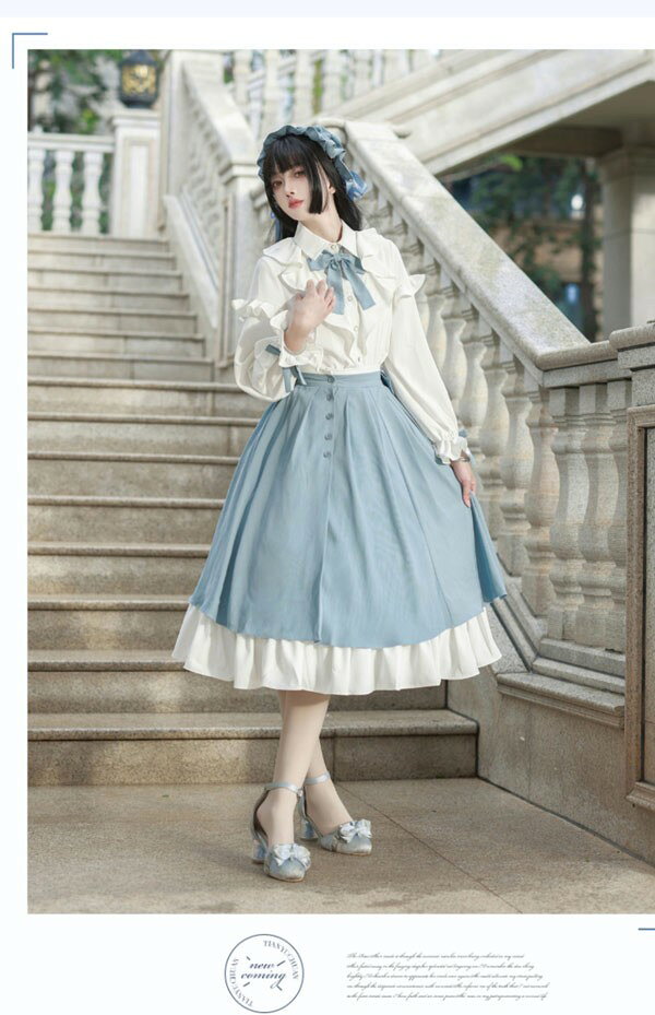 ロリータ スカート 洋服 リボン ブラウス追加可 トップス 春 ミモレ丈 ジャンスカ レディース フレアスカート エレガント お嬢様 Aライン フリル ロリータファッション 長袖 コスプレ 衣装 仮装 パーティ イベント 文化祭 学園祭 ブルー ホワイト S M L XL da786m4m4m3 happysunny-10026985 Happysunny Shop サンプル画像3