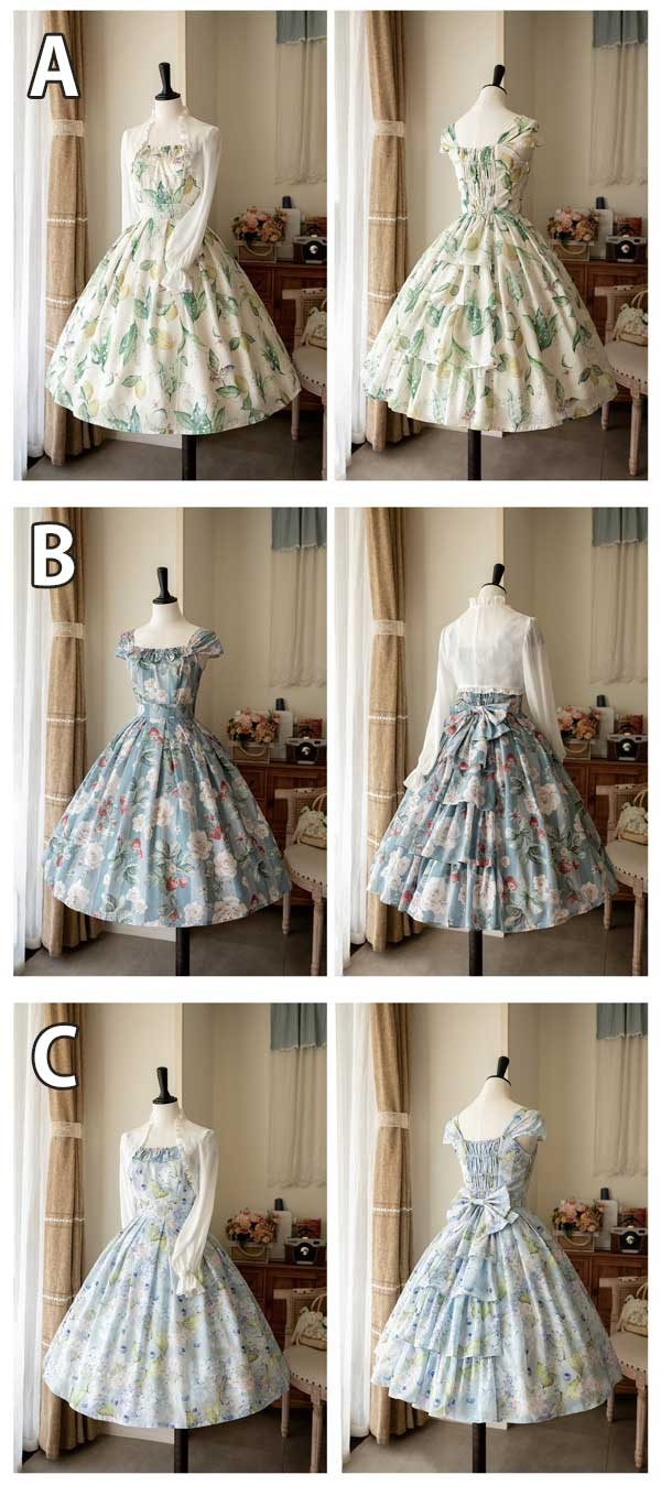 ロリータ ワンピース 夏用 ミモレ丈 ノースリーブ 花柄 フルーツ柄 レディース フ...