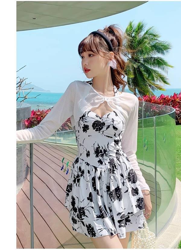 ワンピース水着 服みたいな 水着 2点セット 長袖 リボン ワイヤーなし パッド付 レディース 着瘦せ シンプル 写真映え 撮影用 海 夏 サマー プール リゾート かわいい オシャレ 旅行 温泉 大人 女性用 ジュニア 学生 女の子 ブラック ホワイト df387m4m4x1