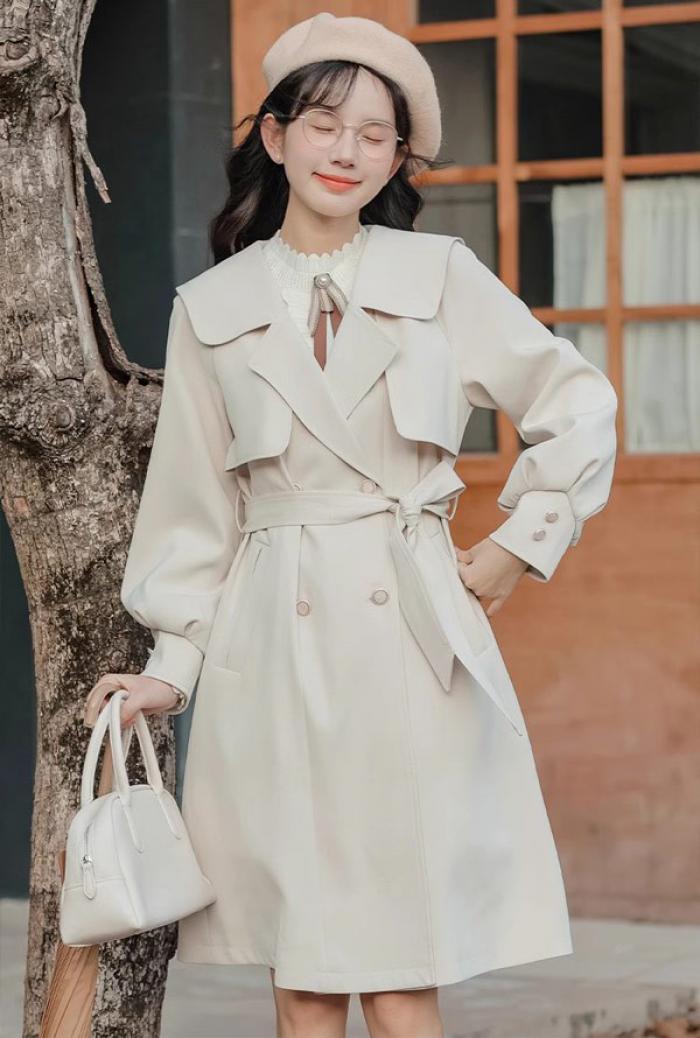 トレンチコート レディース セーラー 春秋コート ミディアムコート レトロ風 フランス風 スプリングコート 春コート アウター オシャレ 上品 ゆったり 無地 通勤 着痩せ カジュアル ベージュ 小さいサイズ 大きいサイズ S M L XL dg517m4m4x1