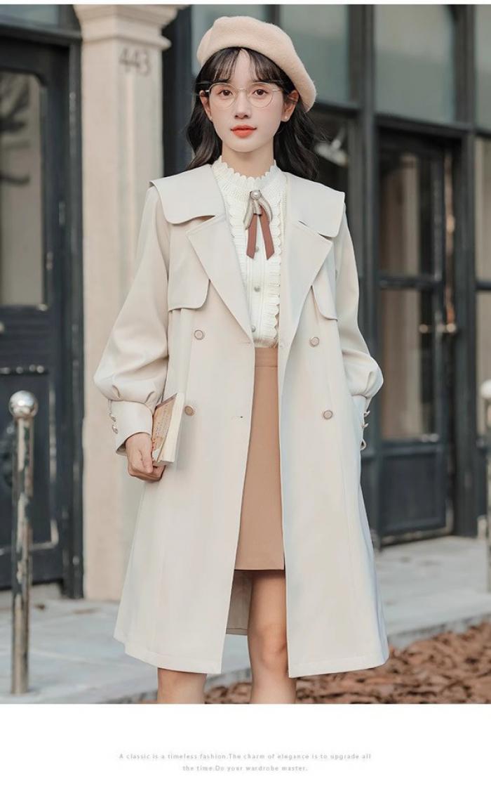 トレンチコート レディース セーラー 春秋コート ミディアムコート レトロ風 フランス風 スプリングコート 春コート アウター オシャレ 上品 ゆったり 無地 通勤 着痩せ カジュアル ベージュ 小さいサイズ 大きいサイズ S M L XL dg517m4m4x1