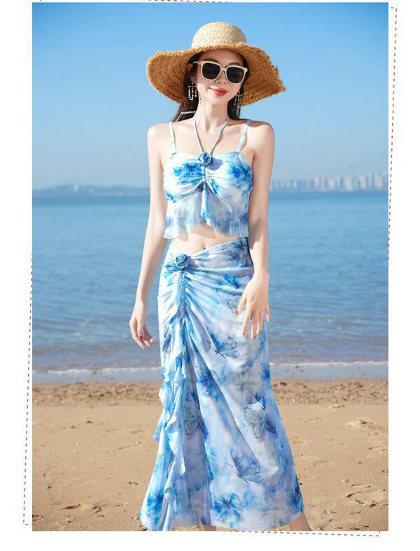 ビキニ水着 グラデーション 3点セット 上下セット パッド付 レディース 着痩せ 総柄 セクシー 写真映え 撮影用 海 夏 サマー プール リゾート かわいい 旅行 温泉 大人 女性用 母の日 大きいサイズ ブルー S M L mg836m4m4m3