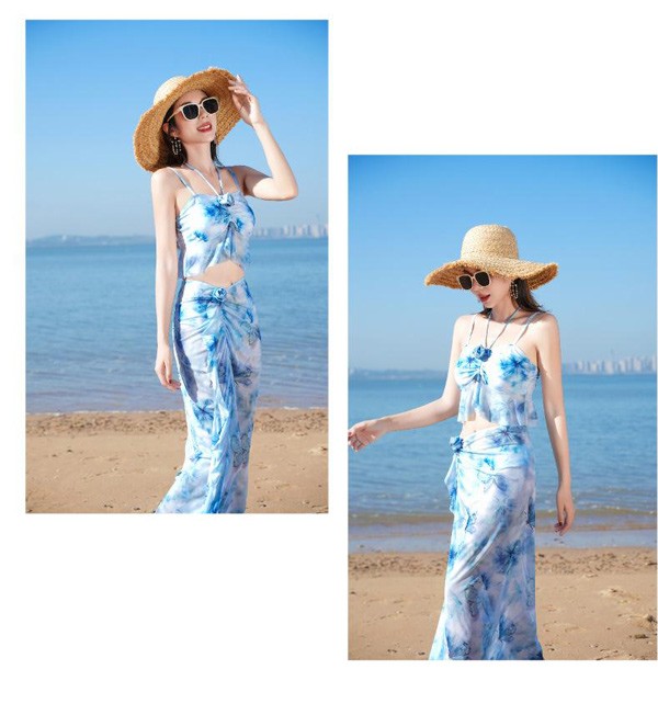 ビキニ水着 グラデーション 3点セット 上下セット パッド付 レディース 着痩せ 総柄 セクシー 写真映え 撮影用 海 夏 サマー プール リゾート かわいい 旅行 温泉 大人 女性用 母の日 大きいサイズ ブルー S M L mg836m4m4m3