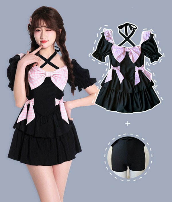 ワンピース水着 地雷系 量産型 服みたいな 水着 レディース チェック柄 半袖 リボン フリル ワイヤーなし パッド付 着痩せ シンプル セクシー 写真映え 撮影用 海 夏 サマー プール リゾート 旅行 温泉 大人 女性用 ジュニア 女の子 ブラック ピンク M L XL 2XL mg880m4m4m3