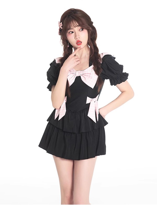 ワンピース水着 地雷系 量産型 服みたいな 水着 レディース チェック柄 半袖 リボン フリル ワイヤーなし パッド付 着痩せ シンプル セクシー 写真映え 撮影用 海 夏 サマー プール リゾート 旅行 温泉 大人 女性用 ジュニア 女の子 ブラック ピンク M L XL 2XL mg880m4m4m3