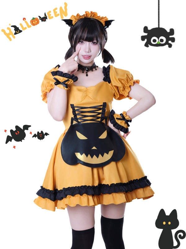 ハロウィン コスプレ メイド服 レディース コスチューム ワンピース 仮装 カボチャ ポシェット付き コウモリカチューシャ フリル 編み上げ 半袖 ミニ丈 可愛い イベント パーティー 撮影 テーマパーク ハロウィン衣装 オレンジ S〜L mj996m4m4m3 happysunny-10029160 Happysunny Shop サンプル画像2