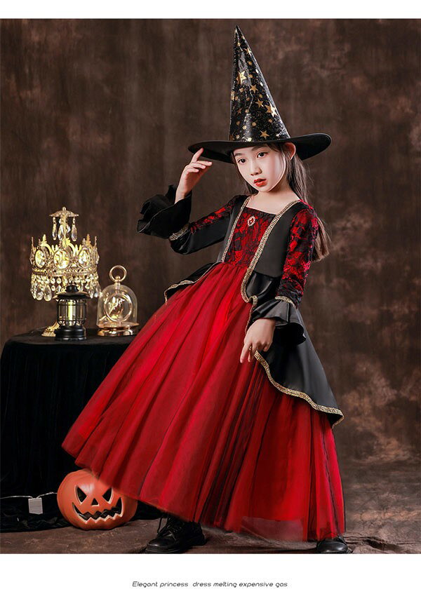 キッズドレス 吸血鬼 ハロウィン ヴァンパイア 魔女 ウイッチ ドレス ロングドレス 袖あり 長袖 ロング丈 コスプレ コスチューム衣装 子供ドレス パーティー カラードレス ワンピース 上品 女の子 子供 かわいい イベント レッド 100 110 120 130 140 150 160 ni991m4m4m3 happysunny-10029138 Happysunny Shop サンプル画像2