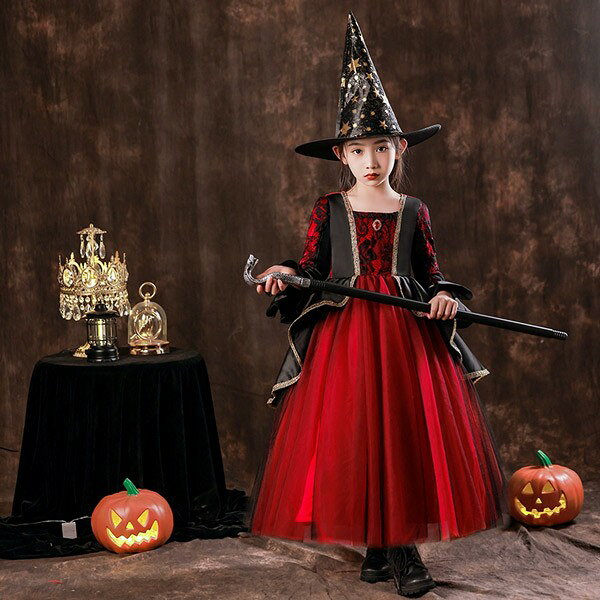 キッズドレス 吸血鬼 ハロウィン ヴァンパイア 魔女 ウイッチ ドレス ロングドレス 袖あり 長袖 ロング丈 コスプレ コスチューム衣装 子供ドレス パーティー カラードレス ワンピース 上品 女の子 子供 かわいい イベント レッド 100 110 120 130 140 150 160 ni991m4m4m3 happysunny-10029138 Happysunny Shop サンプル画像3