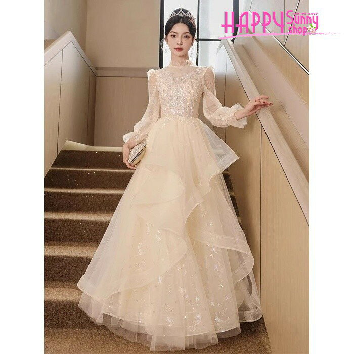 Happysunny Shopのパーティードレス 結婚式 演奏会 ロングドレス 発表会 ピアノ 大きいサイズ S M L 2L 3L シャンパン チュール パフスリーブ 二次会 披露宴 お呼ばれ 謝恩会 Aライン 20代 30代 40代 50代 フォーマル ロング丈 bc008m7m7x1｜アングル2
