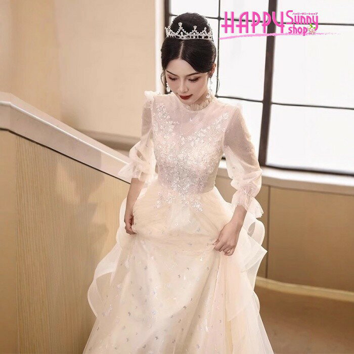 Happysunny Shopのパーティードレス 結婚式 演奏会 ロングドレス 発表会 ピアノ 大きいサイズ S M L 2L 3L シャンパン チュール パフスリーブ 二次会 披露宴 お呼ばれ 謝恩会 Aライン 20代 30代 40代 50代 フォーマル ロング丈 bc008m7m7x1｜アングル3