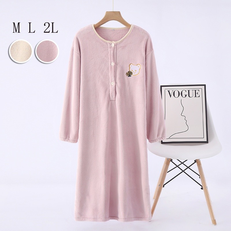 秋冬 ルームウェア ワンピース レディース フランネル 長袖 前開き ボタン 授乳対応 ロング丈 裏起毛 ..