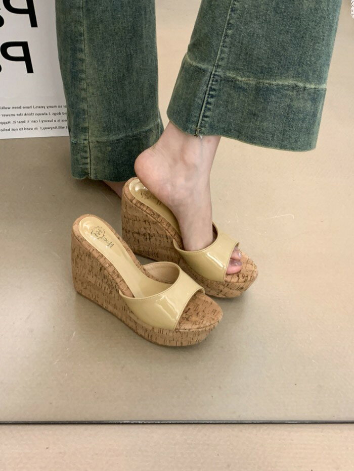 ミュールサンダル レディース 厚底 ウェッジソール コルク調 オープントゥ エナメ...