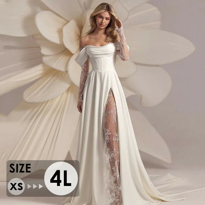ウェディングドレス 長袖 オフショルダー Aライン レース スリット 結婚式 披露宴 二次会 前撮り フォトウェディング ドレス 大きいサイズ XS 4L エレガント 海外挙式 スレンダー ビーチフォト ガーデンウェディング ホワイト 発表会 パーティードレス bc120n1n1m3