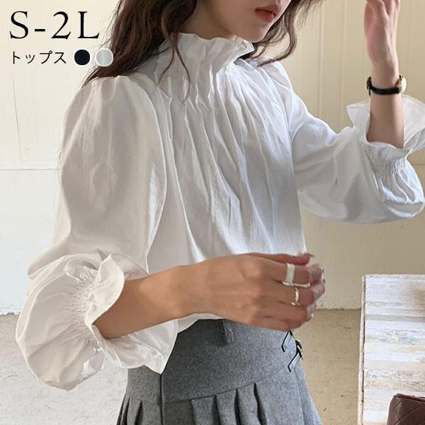 樂天商城 - 長袖シャツ パフスリーブ トップス 袖あり 長袖 ハイネック ブラウス 韓国風 大人 可愛い かわいい 秋 春 夏 オフィス 通勤 20代 30代 40代 OL レディース ファッション ゆったり カジュアル おしゃれ dg286n1n1x1