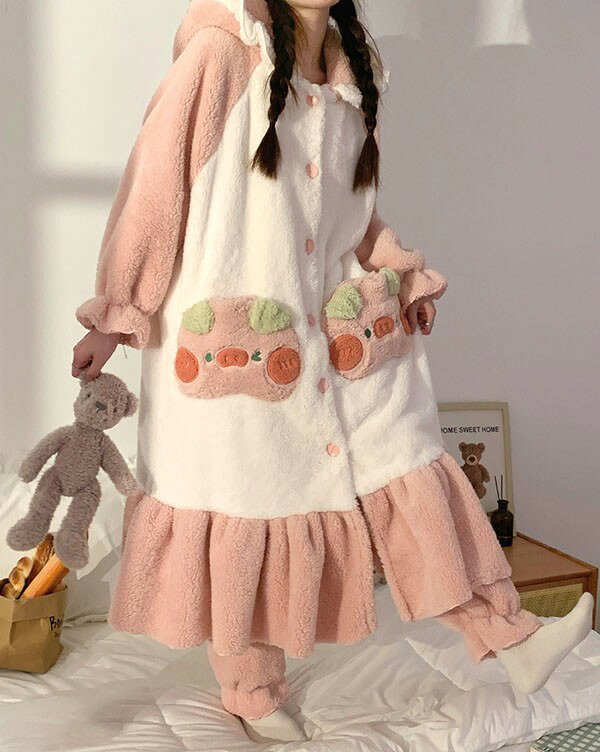 子豚 ルームウェア もこもこ パジャマ 冬 長袖 ナイトガウン 着る毛布 前開き フード付き 寝巻き 部屋着 暖かい あったか 着ぐるみ モコモコ 大人用 ふわふわ 動物 レディース 女性用 ガウン かわいい 可愛い ギフト プレゼント dh091n1n1m3 happysunny-10029350 Happysunny Shop サンプル画像2