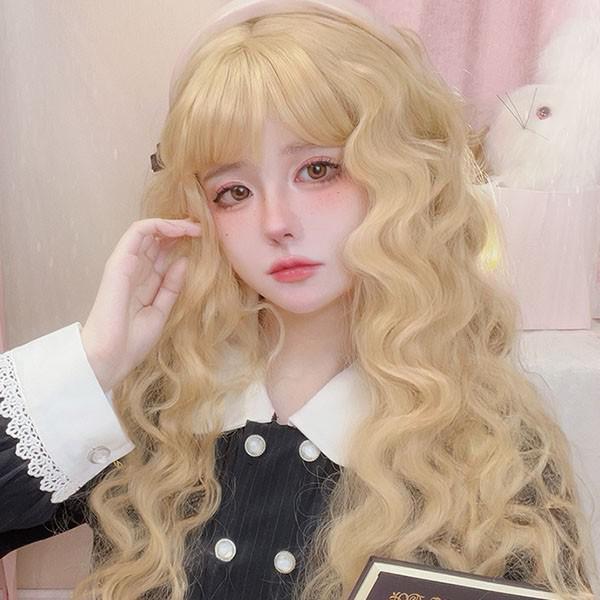 ウィッグ レディース フルウィッグ ロング 巻き髪 ゴールド 金髪 ぱっつん前髪 前髪あり 可愛い かわいい 大人用 コスプレ ロリータ ゴスロリ コスチューム 原宿風 仮装 超自然 かつら wig Lolita 小顔 文化祭 イベント 学園祭 ハロウィン dq166n1n1x1