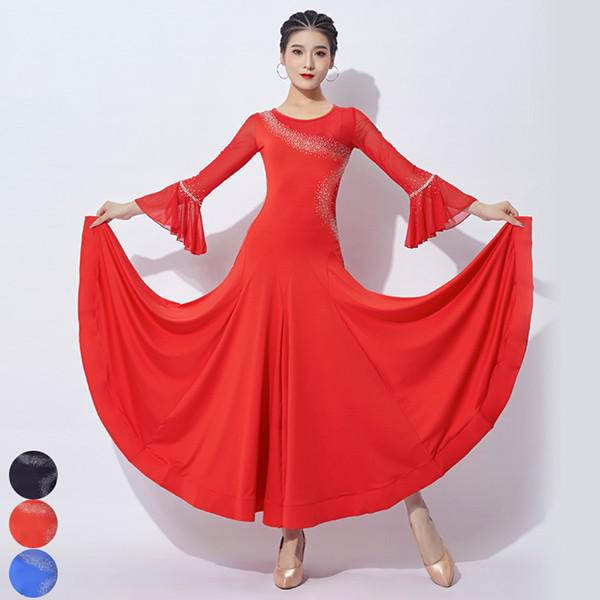 社交ダンス ドレス 社交ダンス 衣装 ワンピース モダン スタンダード ルンバ レッスン着 長袖 広がる裾 透け感 レース ワルツ専用 練習着 発表会 ストレッチ 団体 ブルー 青 レッド 赤 as047s1s1x1