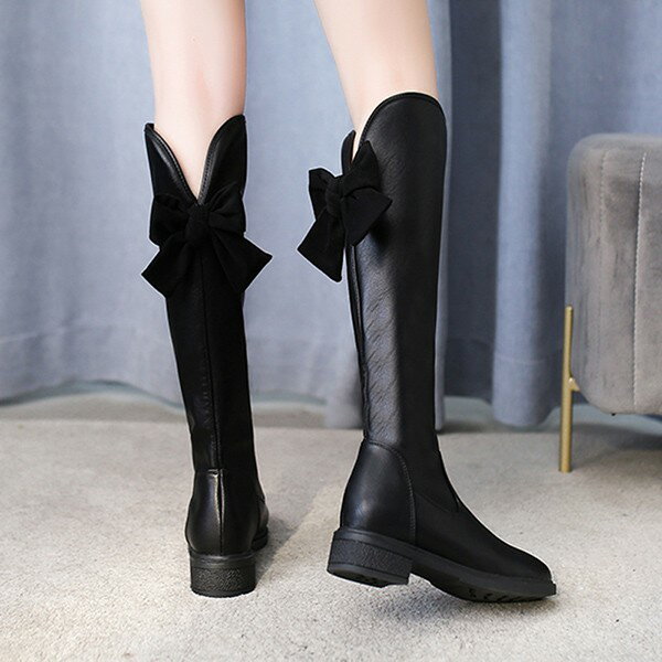 美脚ロングブーツ チャンキーヒール シンプル 疲れない ニーハイブーツ フィット 秋 冬 太ヒール 美脚 疲れにくい 可愛い フェミニン ガーリー きれいめ 通勤 バックリボン 黒cs093s1s1m3