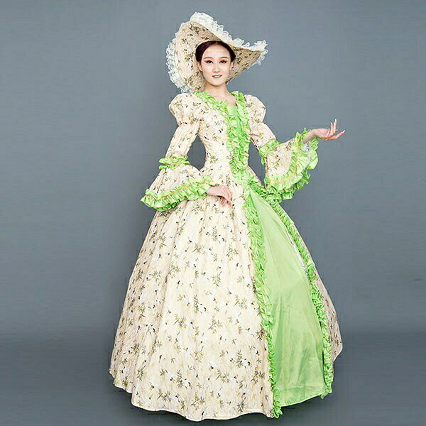 Vestido largo Vestido de princesa Europa medieval Mangas Mangas de paraguas Mangas abullonadas Mangas largas Encaje Estampado de flores Lujoso Elegante Estilo noble Sombrero incluido Concierto Escenario Disfraz Vocal Música Ópera Evento Princesa Línea Fotografía Una línea Volante Cosplay S M L XL Verde Naranja da898s1s1x1 — vista 3