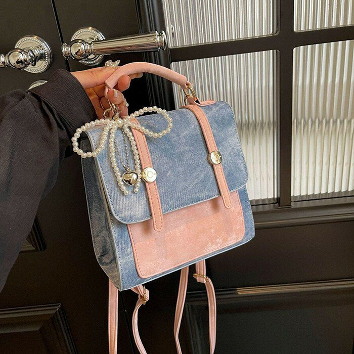 スクエアバッグ ショルダーバッグ レディース スクエア 四角 バックパック 斜めがけ 通勤 通学 軽量 大人 仕事 旅行 リゾート バカンス 学生 塾 お出かけ デート 鞄 カバン ブルー*ピンク dr015sasam3