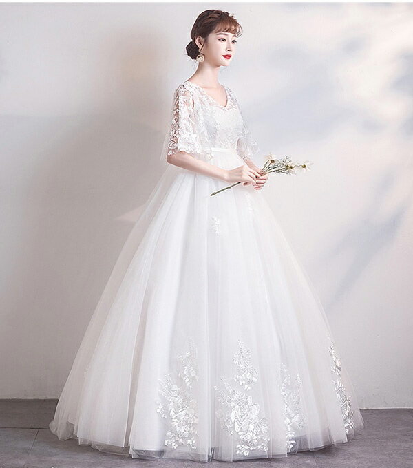 ドレス 花嫁 ウェディングドレス ハイウエスト マタニティ 妊婦もOK 大きいサイズ 袖あり Vネック 着痩せ ぽっちゃり 結婚式 二次会 ドレス 締め上げタイプ レース ロングドレス ウエディングドレス 撮影用 S/M〜3L/4L/5L ホワイト da175t2t2x1