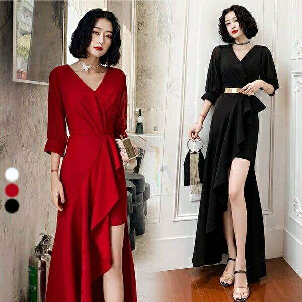 ロングドレス 演奏会 黒 ドレス パーティードレス 大きいサイズ ピアノ 発表会 イブニングドレス 袖あり 袖付き ポワン袖 パフスリーブ マーメイドドレス Vネック ファスナー 大人 セクシー アシンメトリー 結婚式 母親 ドレス 卒業式 謝恩会 披露宴 成人式 da253t2t2x1