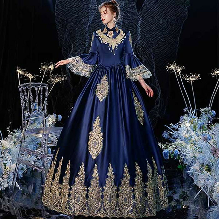 貴婦人 貴族 ドレス 中世ヨーロッパ お姫様 女王様ドレス ロングドレス カラードレス 豪華なドレス ステージ衣装 舞台衣装 王族服 プリンセスライン オペラ声楽 学園祭 文化祭 パーティー 演奏会 発表会 演劇 撮影 コスチューム パニエ追加可 ネイビー df071t2t2f4