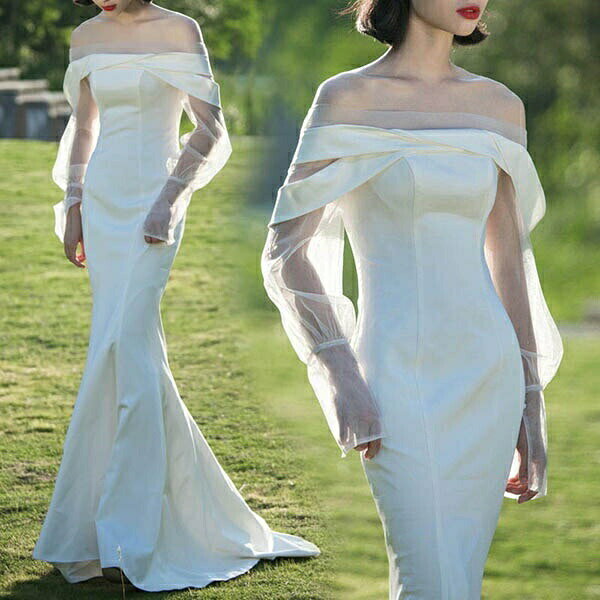 花嫁 ウェディングドレス 締め上げタイプ 長袖 肩出し マーメイドドレス 白ドレス 花嫁 結婚式 二次会 披露宴 前撮り 後撮り 撮影用 ビーチフォト フォトウェディング 小さいサイズ ドレス ロング トレーンドレス ウエディングドレス スレンダー S/M/L/2L/3L dm058t2t2x1