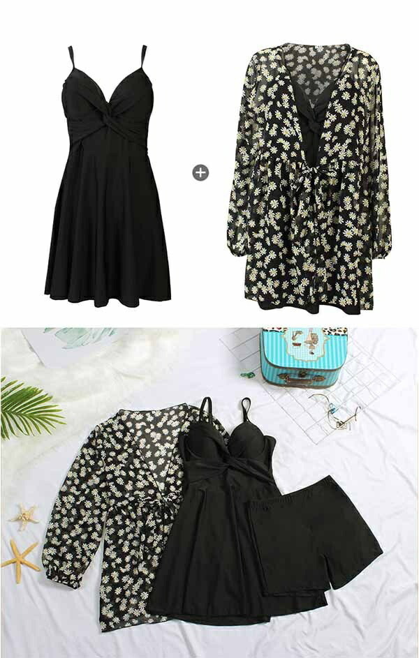 タンキニ水着 キャミソール ワンピース ラッシュガード ショートパンツ 3点セット オールインワン ぽっちゃり水着 レディース 体型カバー 小柄 花柄 可愛い 透け感 肩出し 無地 黒 ブラック クロス 大きいサイズ 海 ブール 沖縄 大人 可愛い 韓国風 着痩せ dm084t2t2la