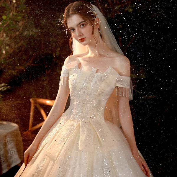 花嫁 ウェディングドレス 袖あり オフショルダー Aライン 白ドレス ワンピース プリンセス 結婚式 二次会 披露宴 前撮り 後撮り 撮影用 フォトウェディング 小さいサイズ ロング エレガント 優雅 シャンパン トレーンドレス dp043t2t2x1