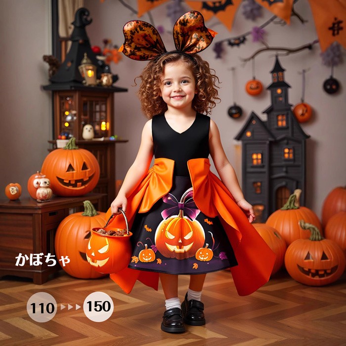 ワンピース ハロウィン キッズ 子供ドレス 女の子 ジャックオーランタン かぼちゃ プリンセスドレス ブラック オレンジ リボン 110cm 120cm 130cm 140cm 150cm 秋 仮装 コスプレ パーティー mj004x0x0m3