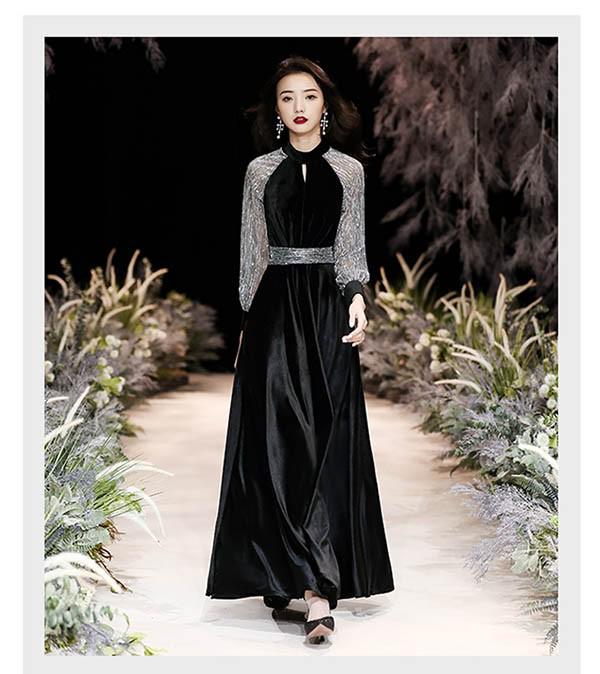 ピアノ 発表会 ドレス 長袖 秋冬 ベロア 大人 ロングドレス 演奏会 結婚式 母親 ピアノ発表会 黒ドレス 袖付き キラキラ ワンピース 演奏会用ドレス パーティードレス イブニングドレス ロング丈 ミモレ丈 ショート丈 大きいサイズ カットアウト フォーマル da203x1x1x1