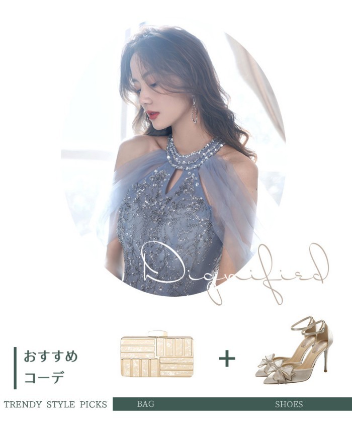 ロングドレス ピアノ発表会 演奏会ドレス ライトブルー 浅い青 結婚式 ノースリーブ ファスナー ホルターネック パーティードレス ウェディングドレス ウエディング フォト婚 Aライン 透け感 イベント 演出 舞台 披露宴 ステージ 衣装 XS S M L XL 2XL dc032x1x1m3