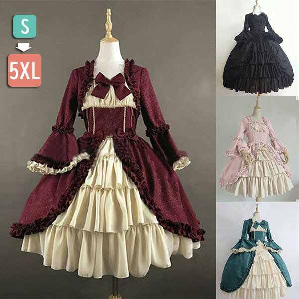 ロリータ ビッグカラー ワンピース クラロリ 単品 ゴスロリ 長袖あり 袖付き Aライン Lolita リボン フリル裾 クリスマス レディース コスチューム 衣装 かわいい 仮装 パーティ お茶会 学園祭 文化祭 デート イベント ファッション dd115x1x1x1