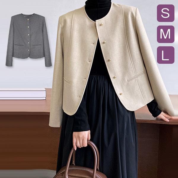 ショートジャケット レディース ノンカラージャケット ミドル丈コート アウター ツイードジャケット 羽織り ボレロ 春秋 保温性 ママ 母 結婚式 入学式 卒業式 ベージュ ブラウン ブラック 黒 dg136x1x1x1
