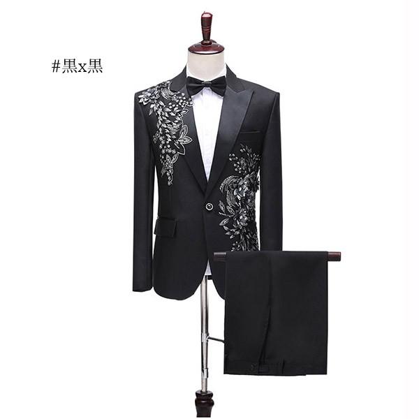 タキシード きらきら メンズ スーツ ジャケット 長ズボン 上下セット 2点セットアップ 演出服 ステージ衣装 光沢のあるジャケット スパンコール 衣装 黒白 2色選べるズボン 白 紺 紫 赤 青 スパンコール クリスマス仮装 ハロウィン衣装 dg142x1x1x1