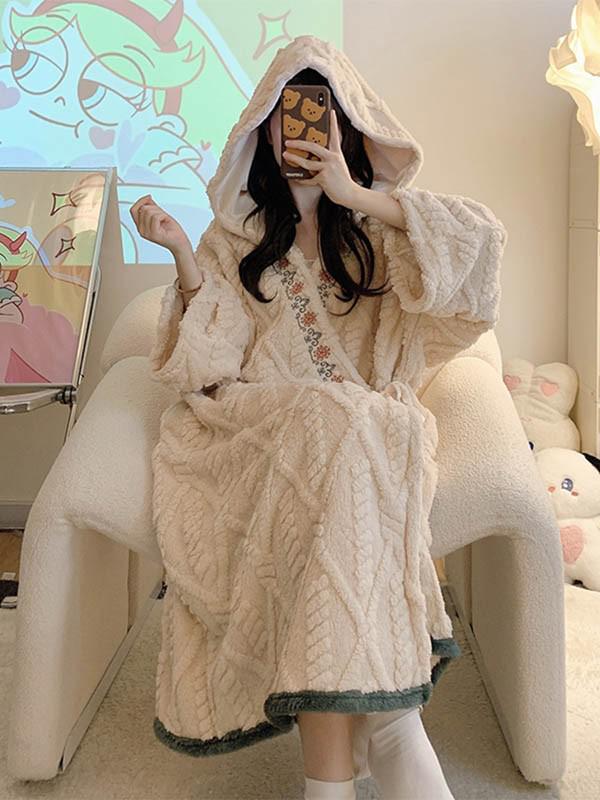 ワンピース パジャマ ルームウェア 春 夏 ネグリジェ フードあり レディース エレガント 長袖 ゆったり ロング丈 大きいサイズ 部屋着 寝巻き 韓国風 きれいめ おしゃれ シンプル かわいい 春秋 ナイトロープ dh062x1x1x1