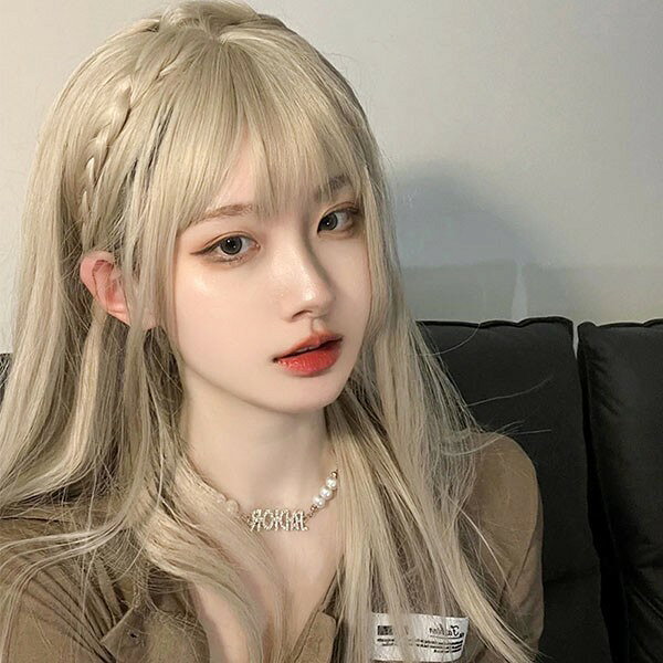 ウィッグ フルウィッグ ゴールド ロング ストレート ロングウィッグ ぱっつん前髪 ...