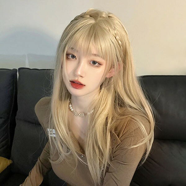 ウィッグ フルウィッグ ゴールド ロング ストレート ロングウィッグ ぱっつん前髪 ...