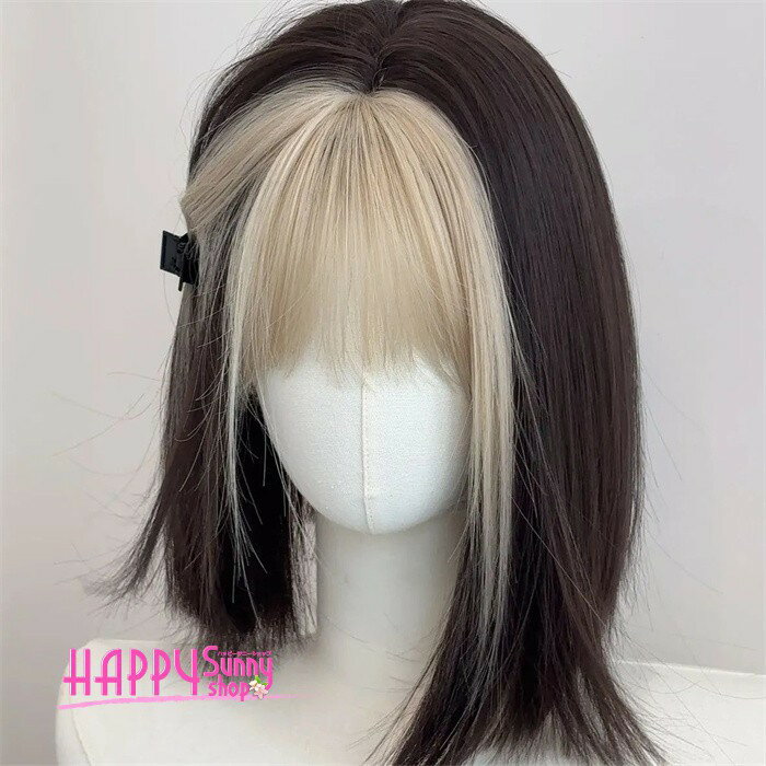 ウィッグ ボブ ショート ミディアム ツートンカラー 黒金 バイカラー レディース フルウィッグ 前髪あり インナーカラー風 韓国風 モード系 耐熱 かつら wig おしゃれ 原宿系 コスプレ 撮影 イベント 日常 自然 可愛い 小顔効果 ファッション 黒 ブロンド dq329x1x1x1