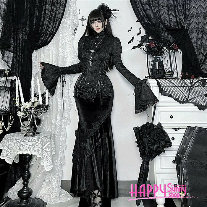 Happysunny Shopのゴシックブラウス レディース 黒 長袖 ハイネック レース フレアスリーブ パフスリーブ ゴスロリ ロリータ ブラウス 編み上げ リボン クラシカル ゴシック シャツ 細見えデザイン コスプレ イベント ステージ衣装 パーティー 撮影 おしゃれ エレガント 春 秋 冬 la068x1x1x1｜アングル2