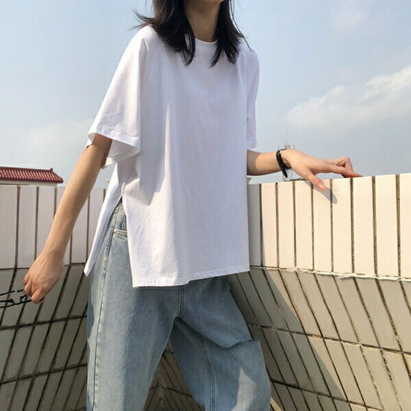 Tシャツ tシャツ 5分袖 春新作 スリット ビッグシルエット オーバーサイズ クルーネック 重ね着 無地 シンプル 綿 スリットTシャツ ホワイト df093y6y6f4