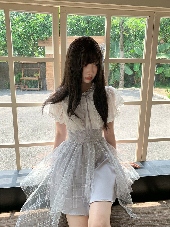 Happysunny Shopの量産型 ワンピース ロリータ 夏 レース 半袖 レディース 女子 リボン ショート丈 ミニ 蝶結び フリル パフスリーブ ドレス ハイウエスト 着痩せ かわいい 可愛い 病みかわいい 学生 お姫様 プリンセス お出かけ 通勤 ホワイト S M L mj029z7z7m3｜アングル2