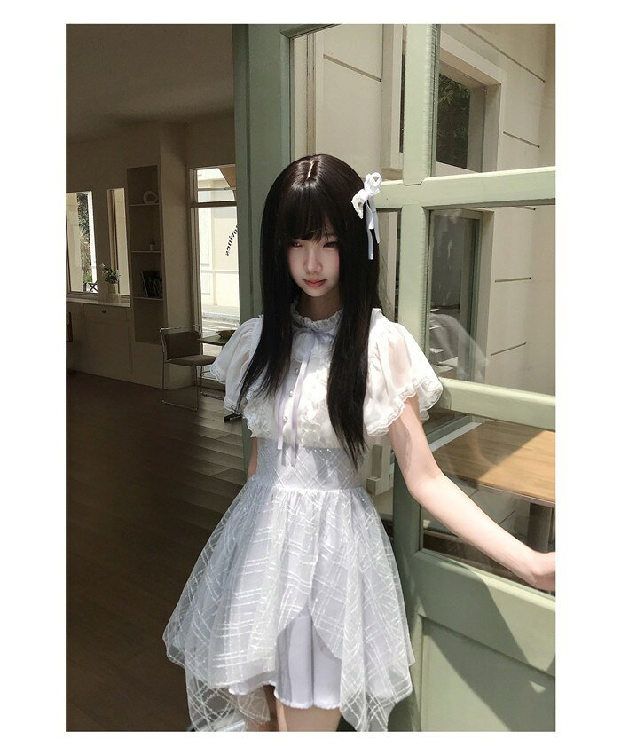Happysunny Shopの量産型 ワンピース ロリータ 夏 レース 半袖 レディース 女子 リボン ショート丈 ミニ 蝶結び フリル パフスリーブ ドレス ハイウエスト 着痩せ かわいい 可愛い 病みかわいい 学生 お姫様 プリンセス お出かけ 通勤 ホワイト S M L mj029z7z7m3｜アングル3
